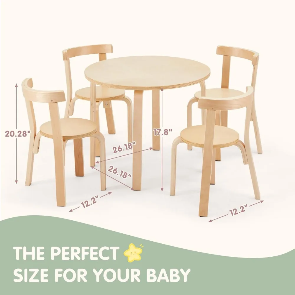 Kids Table and 4 Chairs Set - Round Table and Chair Set for Children,EN71 Certified, Birch Veneer - Wooden Dining Play Set Brown