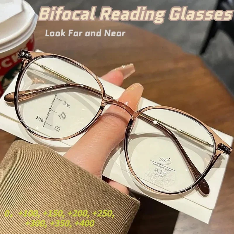 Image of Bifokale Lesebrille Frauen Progressive Multifocus Ultraleicht Presbyopie Brille Männer Runde Anti Blau Licht Brillen 0 Bis + 400