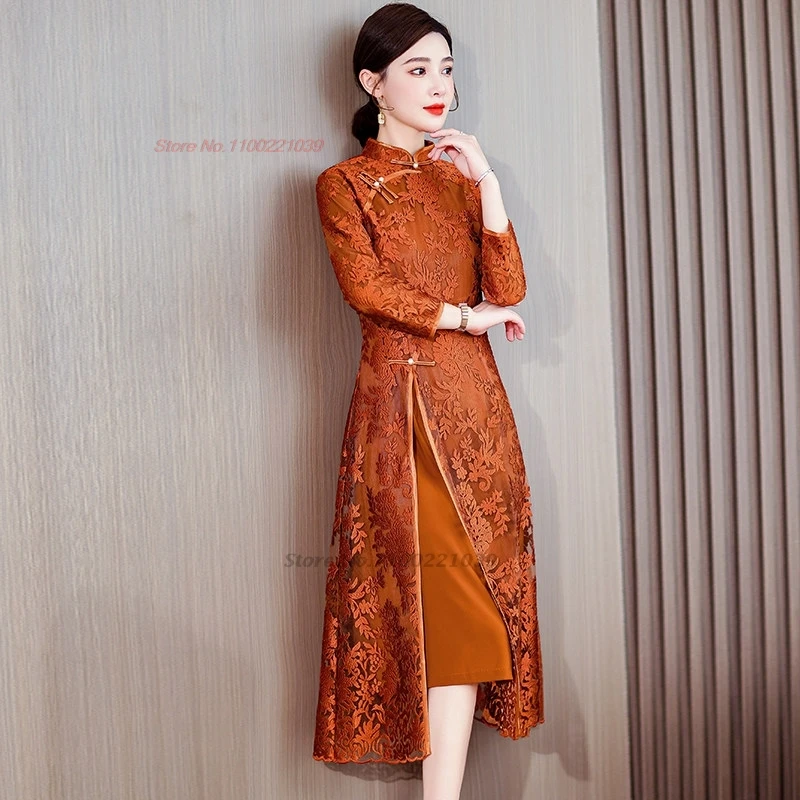 2026 vietnam traditional dress ao dai vintage lace flower improved cheongsam oriental stage qipao party banquet evening dress