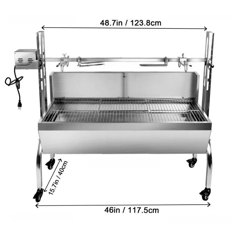 35inch Rotisserie Grill Electric Motor Charcoal Spit Grill Stainless Steel Roaster W/Lockable Wheels for Camping