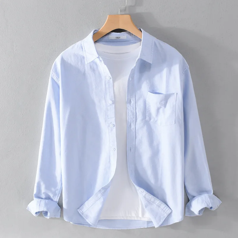 Spring Autumn Korean Version Oxford Spinning Long Sleeved Shirt All Cotton Men's Clothin Casual Simple Versatile Solid Color Top