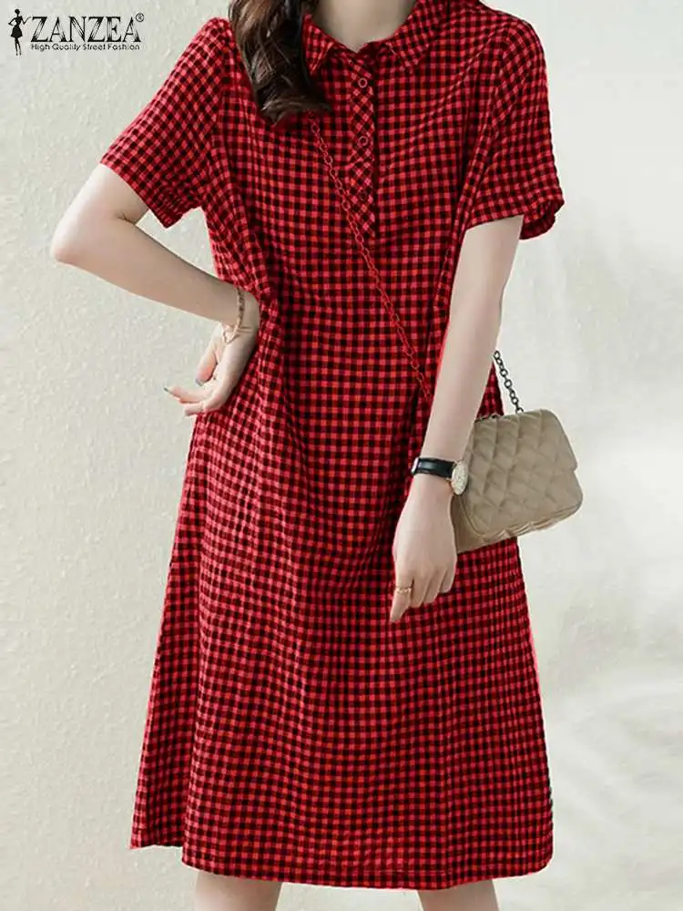 ZANZEA Women Plaid Long Shirt Dress 2024 Summer Short Sleeve Midi Dress Fashion Office Lapel Neck Robe Casual Loose Lady Vestido