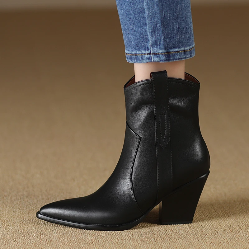 2023 Women Ankle Boots Genuine Leather Autumn Winter Short Boots Thick Heels Pointed Toe Shoes Woman Mature Basic Office Lady