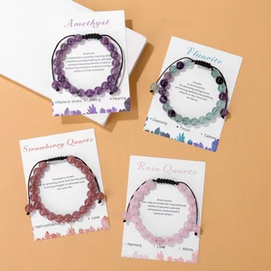 Nuevo brazalete de amatista de piedra natural con tarjeta de 8 mm rosa cuarzo cuentas de fluorita pulsera ajustable para mujeres joyas pareja 12 mejores ventas de amatista rosa - №12