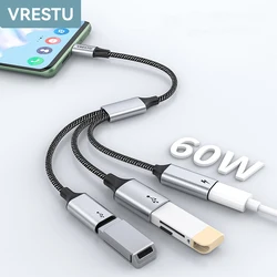 USB C 타입 USB 2.0 도크 허브, 맥북 프로, 크롬북, 아이패드 프로, 구글 TV DAC 칩용, 3 인 1 USB C OTG 어댑터, PD60W 충전