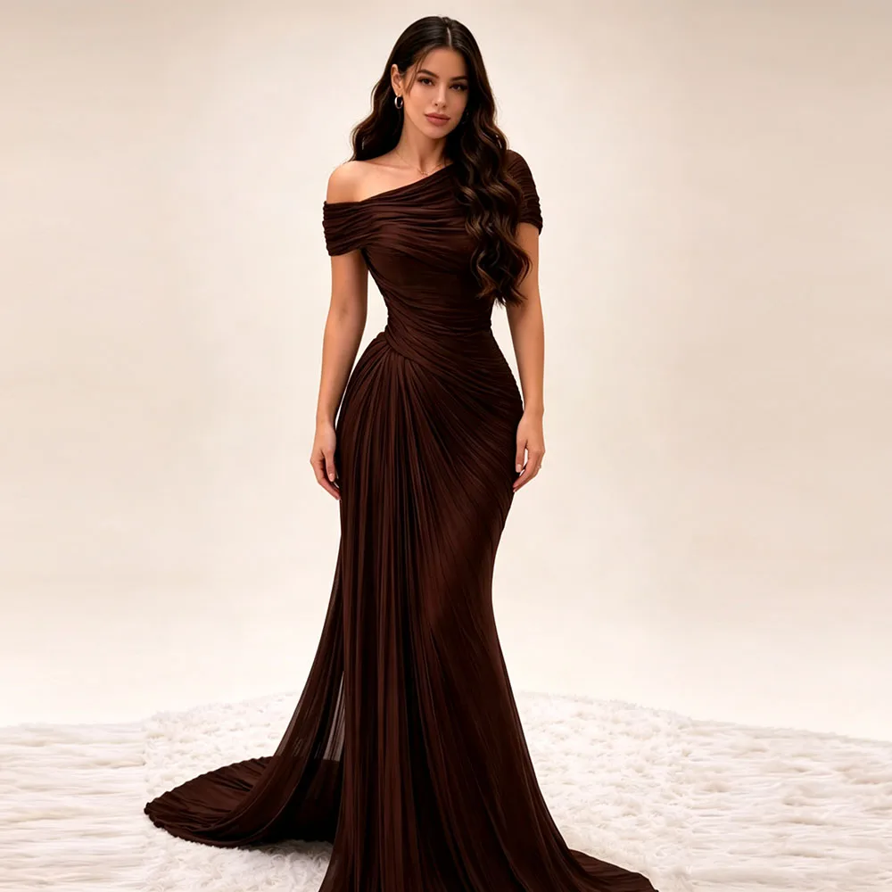 

Eightale Modest Evening Dress Customized Pleats off Shoulder Pleats Floor Length Mermaid Elegant Crepe Prom Wedding Party Gown