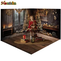 Christmas Room Photography Background Gold Xmas Balls Decor Pine Tree Backdrop Candle Floor Wooden Wall Photobooth Studio Photo