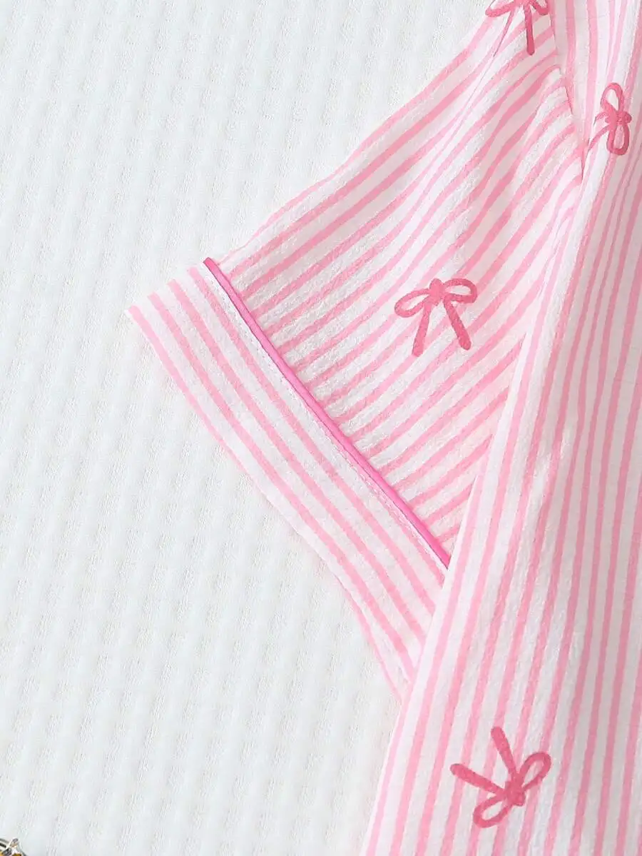 

2pcs Pink Striped Bow Short Sleeve Pajama Set For Women Home Wear Spring Summer