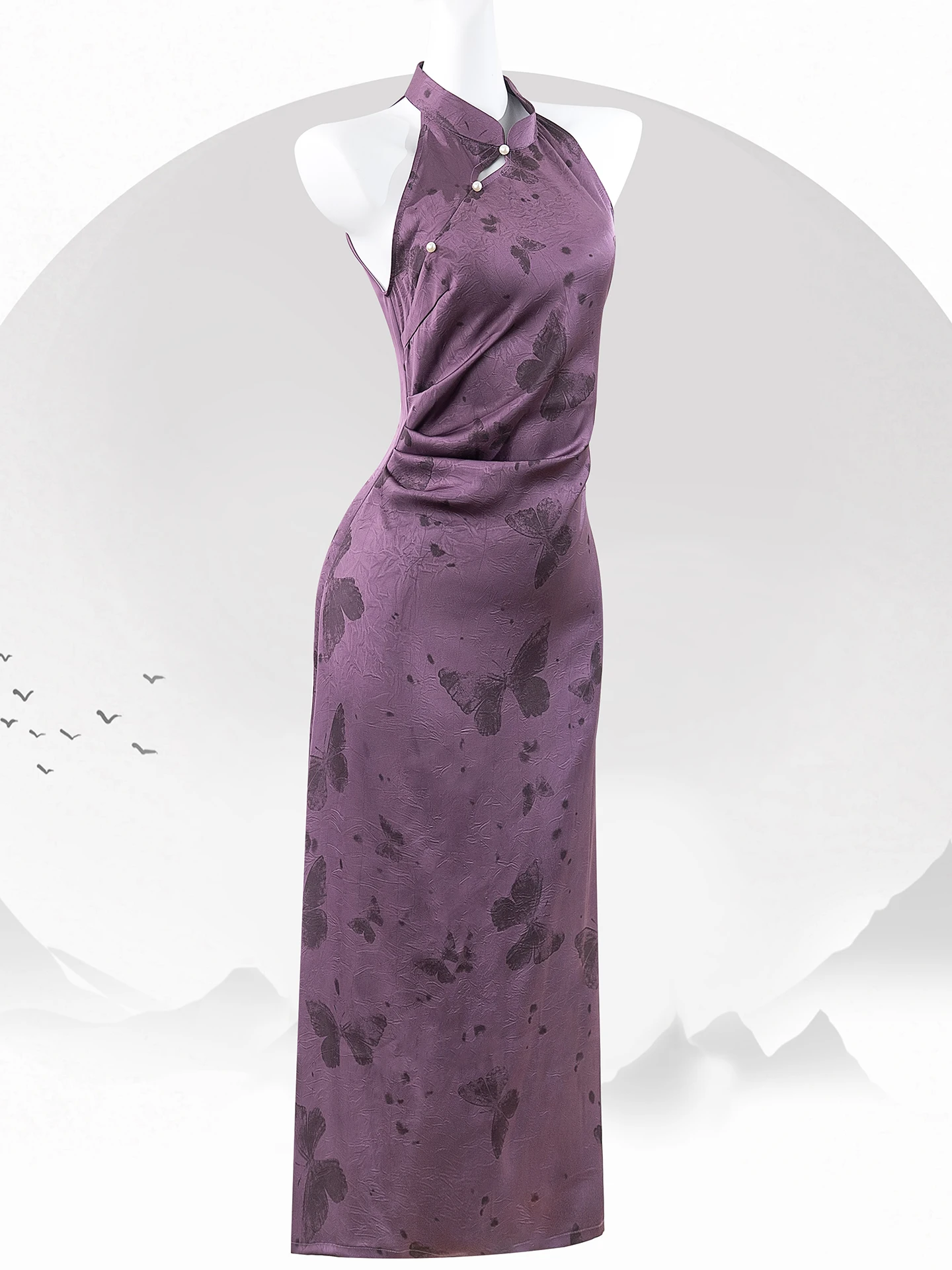 

Фиолетовое платье-ципао с вышивкой, повседневное, улучшенная версия, женское, винтажное, с длинными рукавами