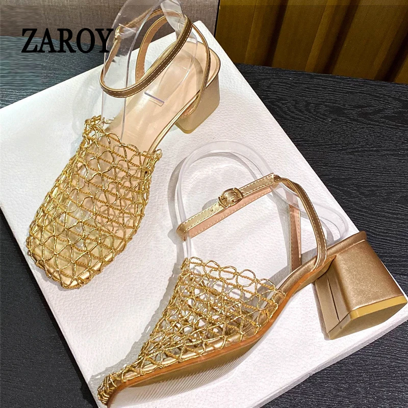 

ZAROY Zapatos Sexy Mesh Weave Women Sandals Summer Hollow Out Square Toe Gold Mules Shoes Square Heels Party Sandalias босоножки