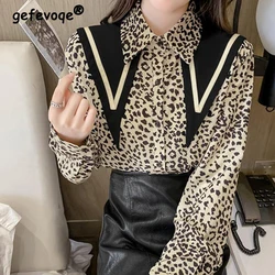 2022 Loose Women Shirts New Fashion Leopard Print Blouses Casual Long Sleeve Single Breasted Pointed Collar Vintage Tops Autumn