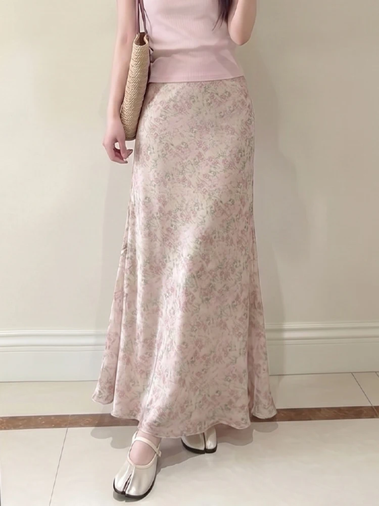 Floral Fashion Long Skirts Women Sweet Elegant High Waist Skirt Summer Casual Chic Loose Female Cute All Match Soft Skirt Ins