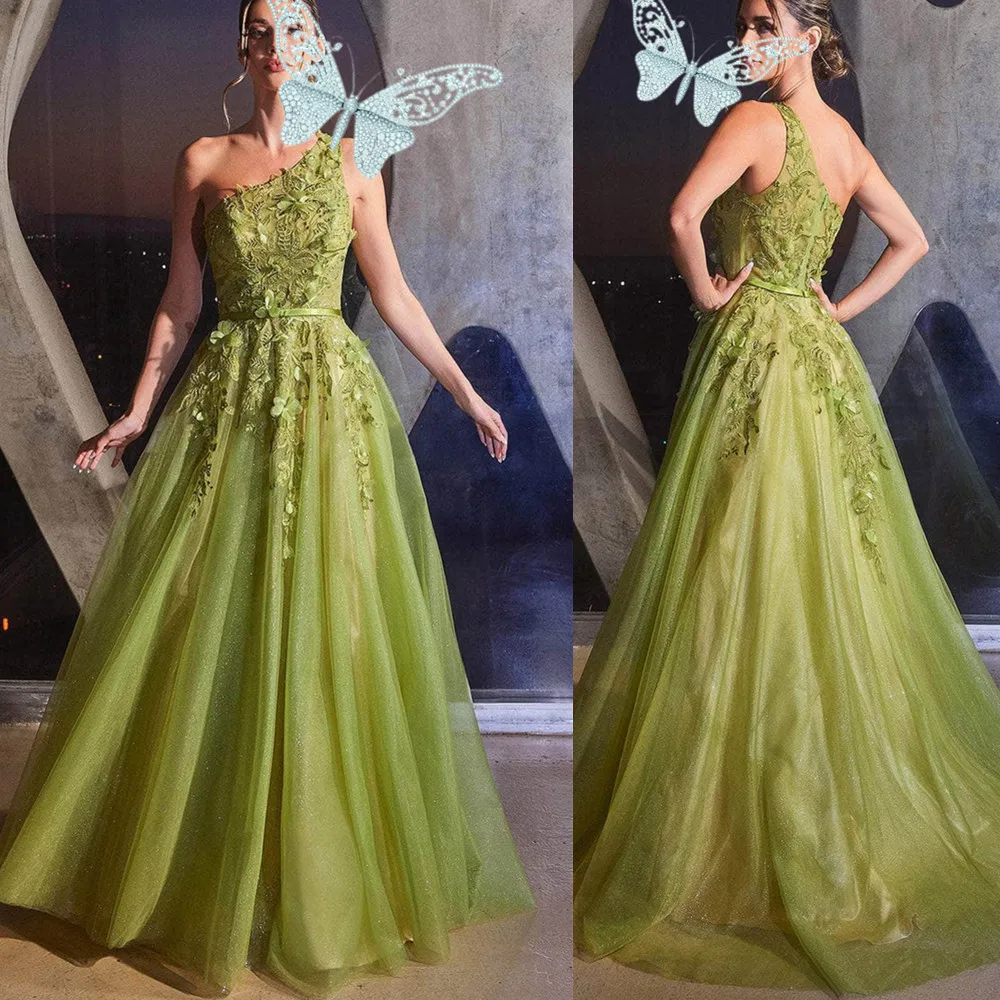 Plus Size Olive Green Prom Dresses for Women Floral Evening Formal Gowns One Shoulder Beaded Birthday Party Dress Reception Gown