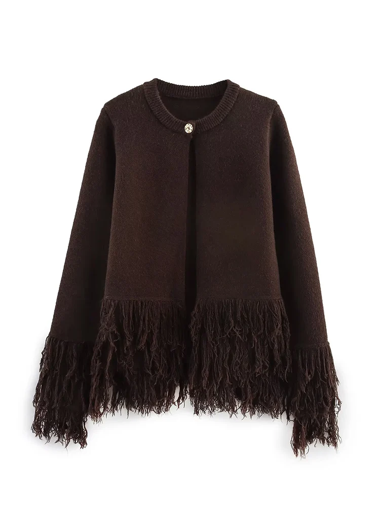 

European style new women's fashion versatile temperament slim tassel button round neck long sleeve knitted jacket