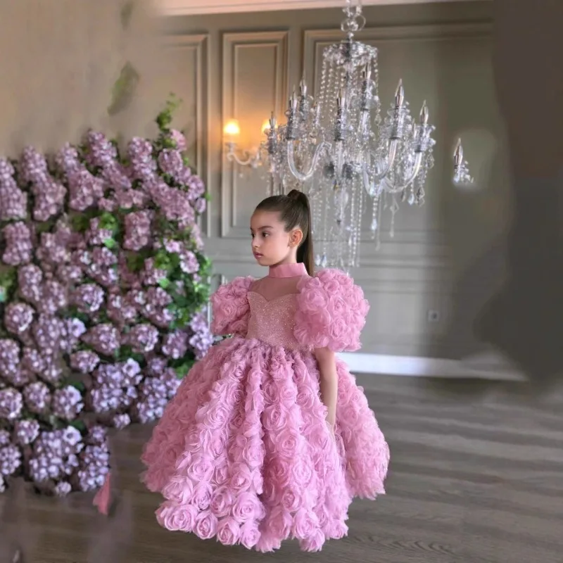 

New Girls Dress with 3D Flowers Children French Princess Gown Kids Fashion Runway Pageant Party Birthday Wedding Evening Clothes