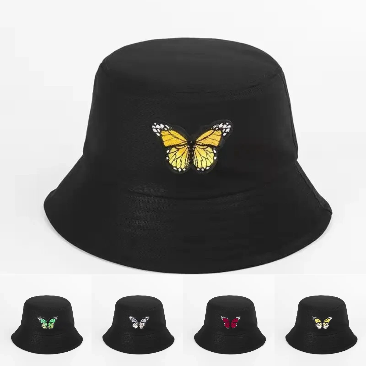 

Butterfly Pattern Embroidery Bucket Hat Simple Black All Season Sunshade Fisherman's Hat Unisex Street Trend Dance Hip-hop Cap