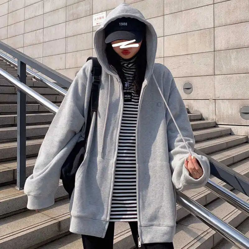 Hooded Sweatshirts Women Zip-up Spring Autumn Front Pocket Loose Korean Style Solid Color Casual Students Chic All-match Coats