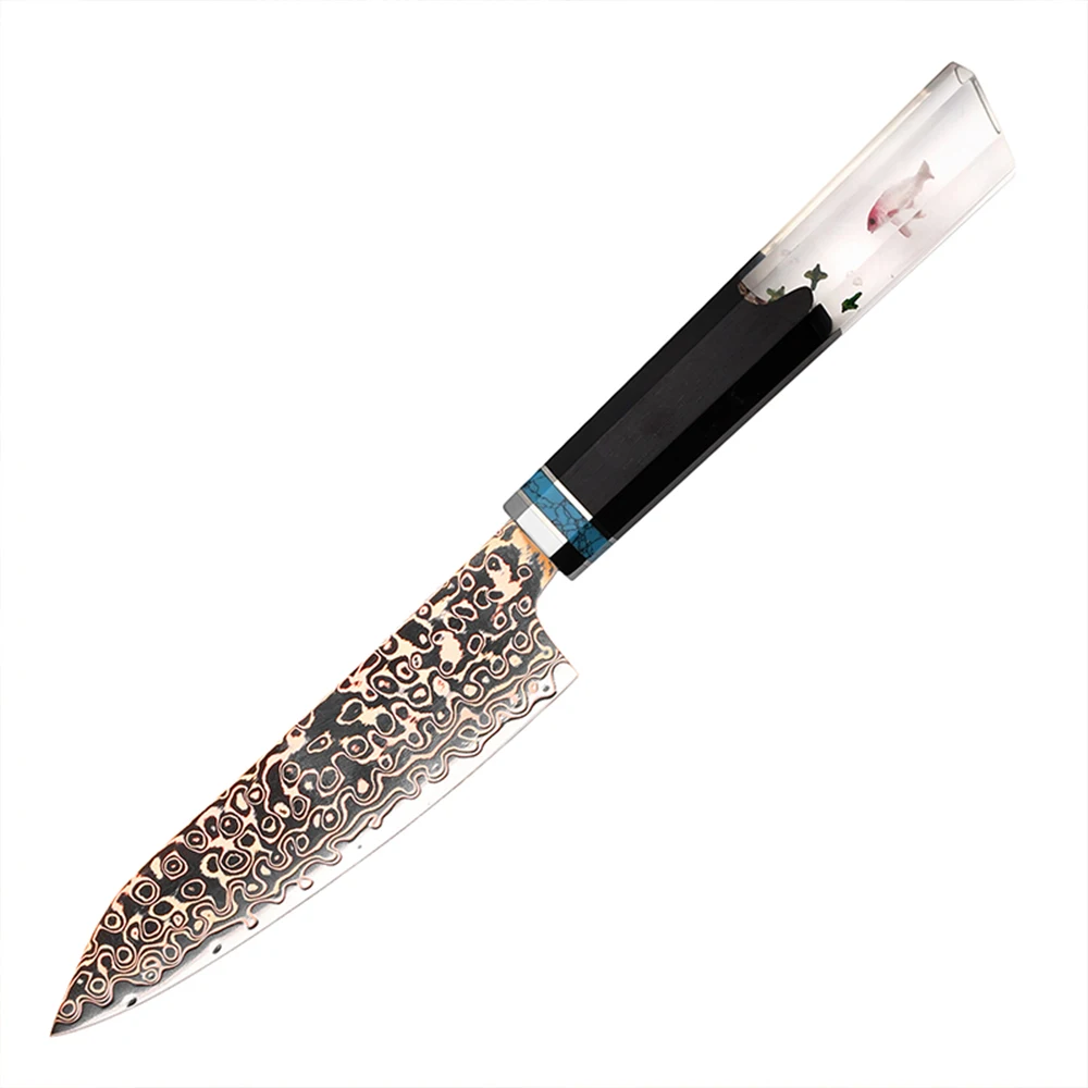 YAN 5 Inch Utility Japanese Aichi 57 Layers Copper Brass Damascus Chef Knife AUS-10 Kitchen Knives Ebony Wood Resin Handle