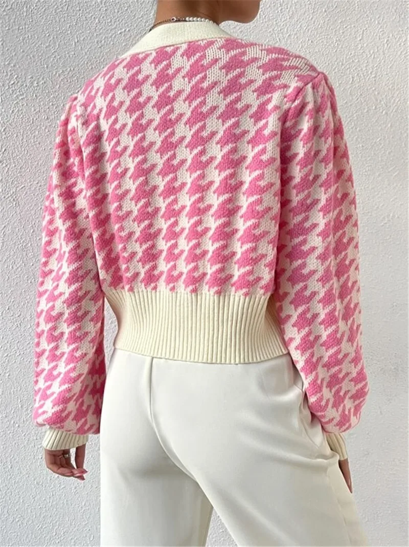 Women’s Autumn and Winter Coat Casual Fashion Commuting Style Houndstooth Pattern Lantern Sleeve Knitted Cardigan Sweater Blouse