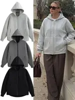 HH 2026 Casual Women's Soild Zipper Hoodie Long Sleeve Big Pocket Zipper Jacket With Hood Female Loose Outerwear Coat Tops