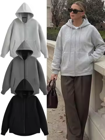 HH 2026 Casual Women's Soild Zipper Hoodie Long Sleeve Big Pocket Zipper Jacket With Hood Female Loose Outerwear Coat Tops