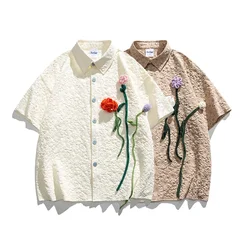 Summer Men Knitted Flowers Loose Casual Short Sleeve Shirts Women Streetwear Vintage Blouse Shirt Couple Y2k Clothing