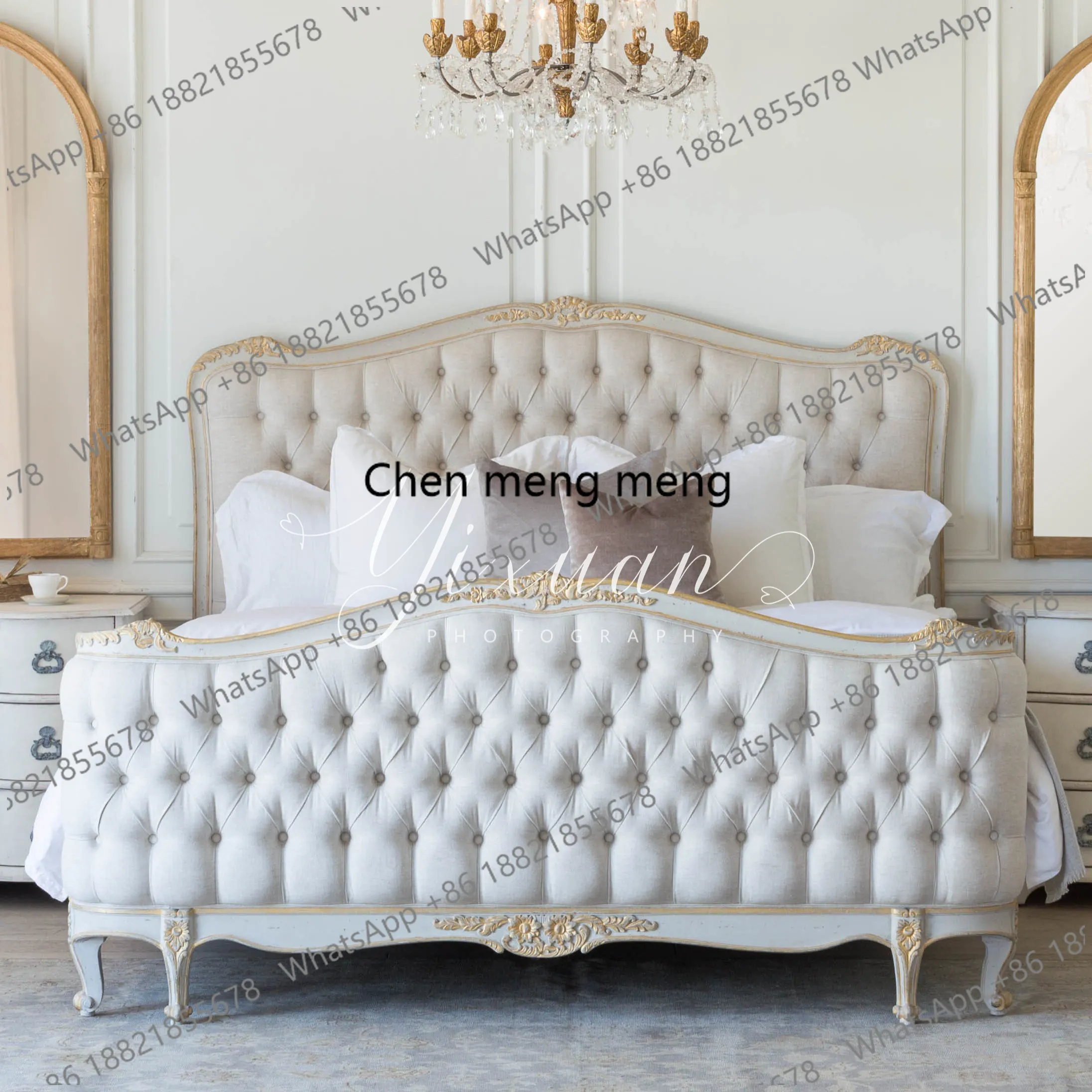 

Американская ретро-кровать в старинном французском стиле с высокой спинкой, резной отделкой, мягкой обивкой из ткани, двуспальная, 1.8 метра, для главной спальни, в стиле принцессы.