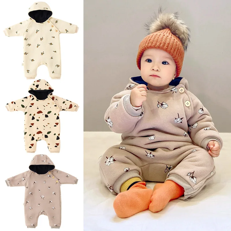 

Europe And America Style 2024 Newborn Boys Hooded Onesies Cotton Long Sleeve Thicken Warm Infant Boys Bodysuit Baby Boys Parkas