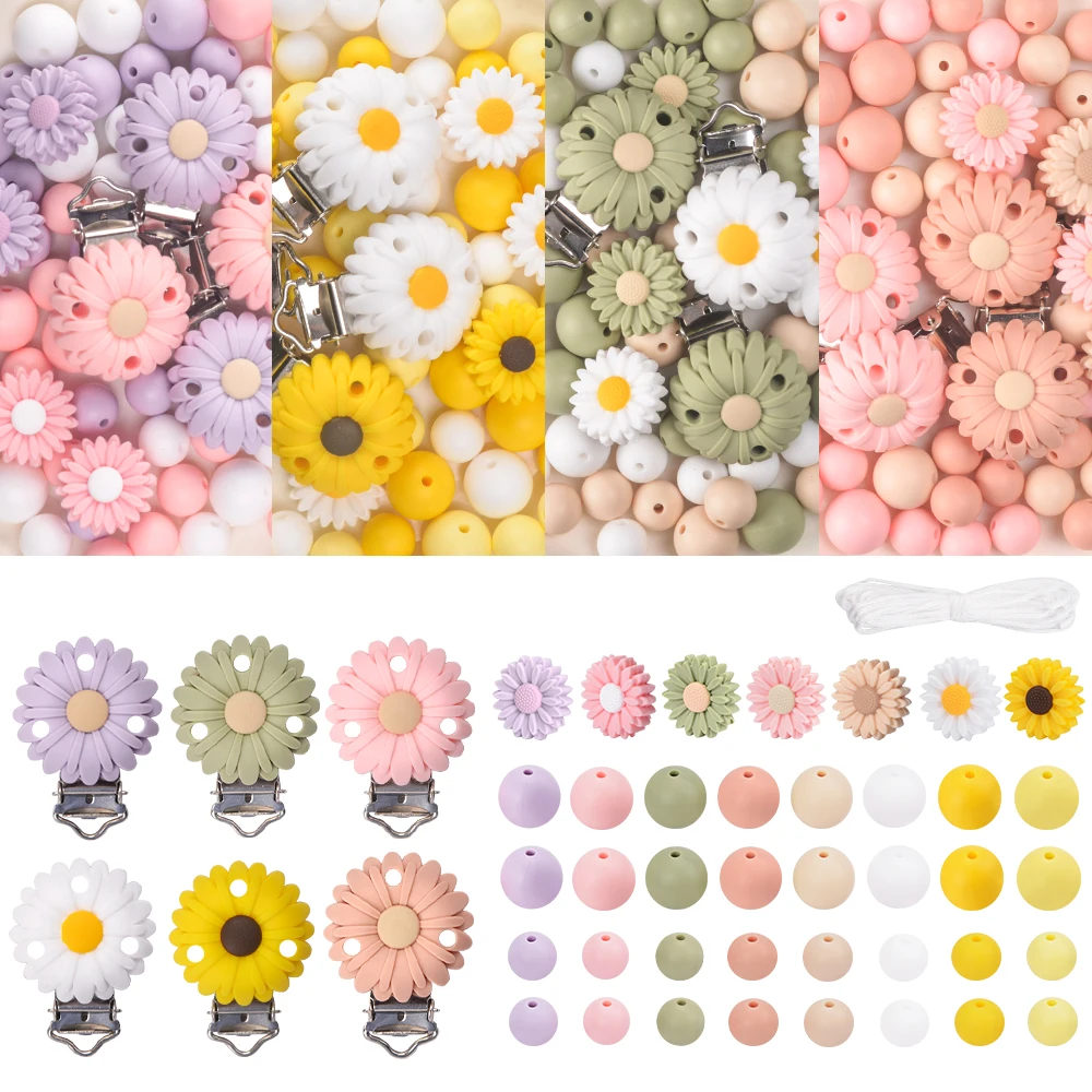 LOFCA 35pcs Silicone Daisy Flower Pacifier Clip Silicone Beads Set Teething Soother Holder Baby Feeding Accessories Tools