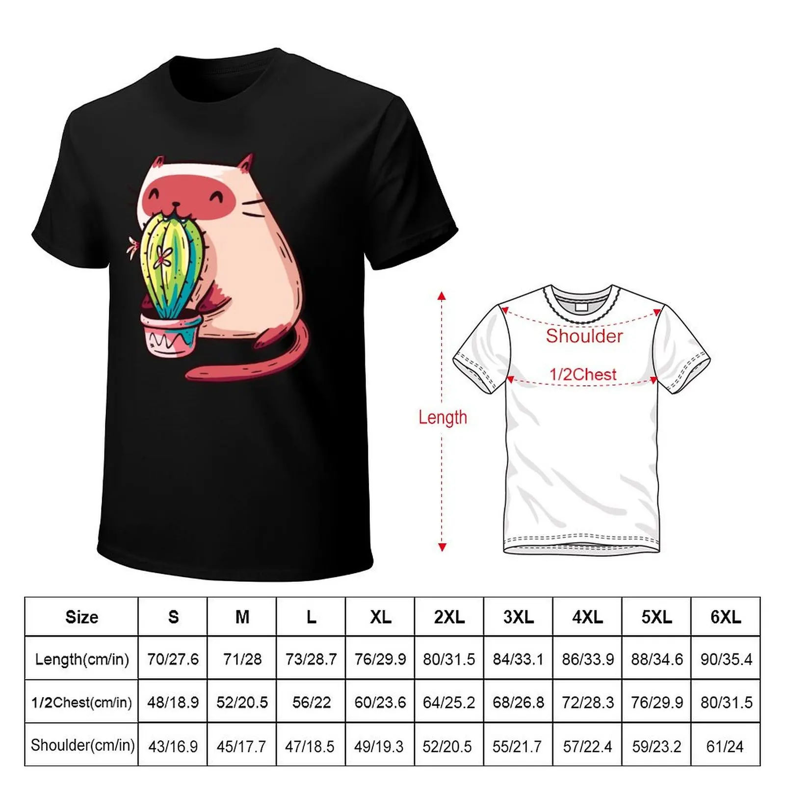 Cat Eating Cactus T-Shirt Daily Wear Plain Short Sleeve Shirt