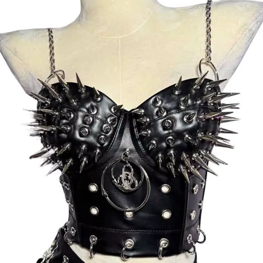 Gothic Emo Punk Rock Women's Top with Spikes Grunge PU Leather Spiked Tank Y2K Style Sexy Rave Festival Club Wear Goth Clothing
