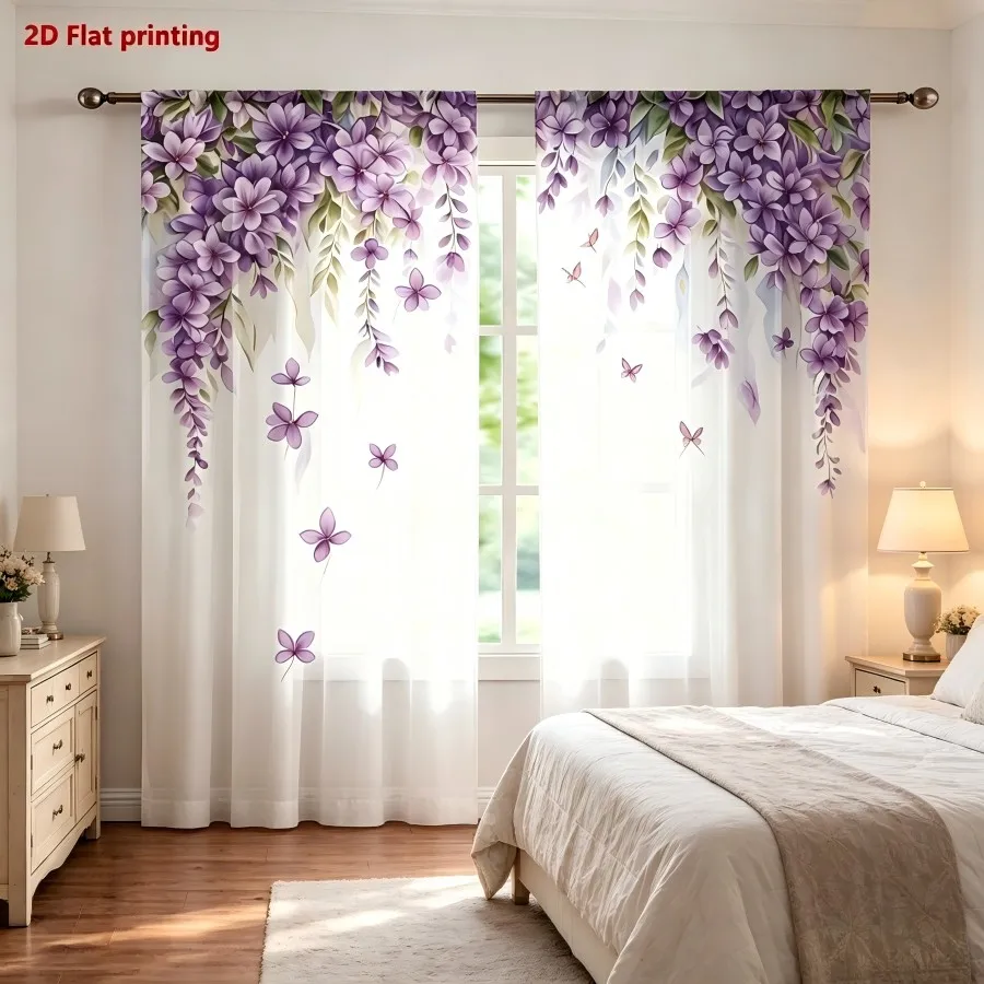 2PCS Digital Print Sheer Curtain, Wisteria Flower Butterfly Floral Garden Window Drapes for Living Room Bedroom Home Decor