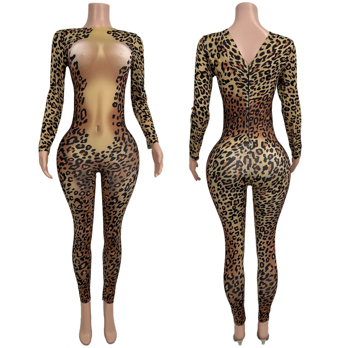 

Spandex Leopard Print Elastic Tight Fitting Jumpsuit Night Club Party Stage Performance Outfit Sexy Women Dance Dress-up Wear