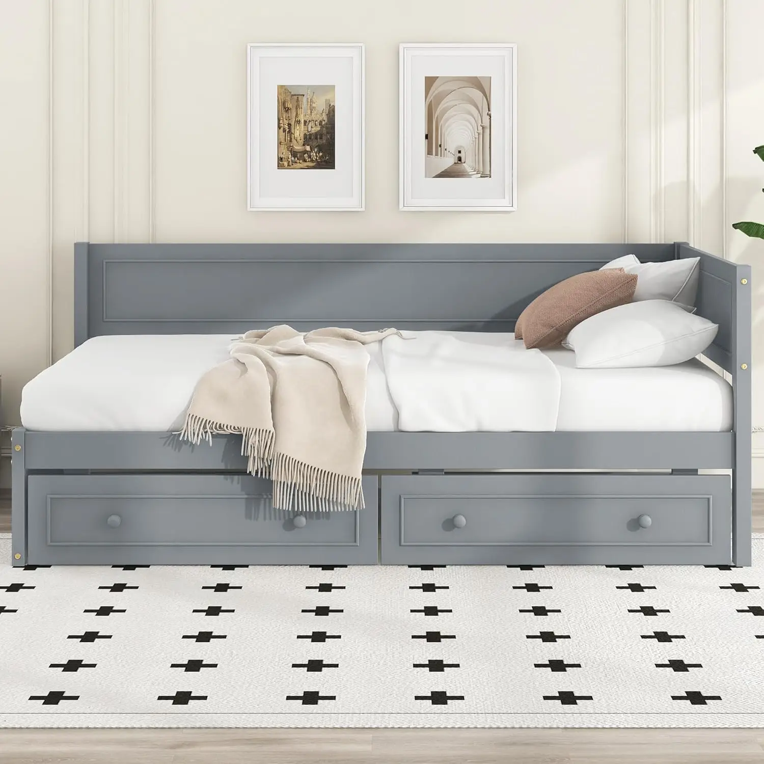 Twin Size Daybed with 2 Storage Drawers, Solid Wood Corner Bed Frame with Slat and L-Shaped headboard, No Box Spring Needed,