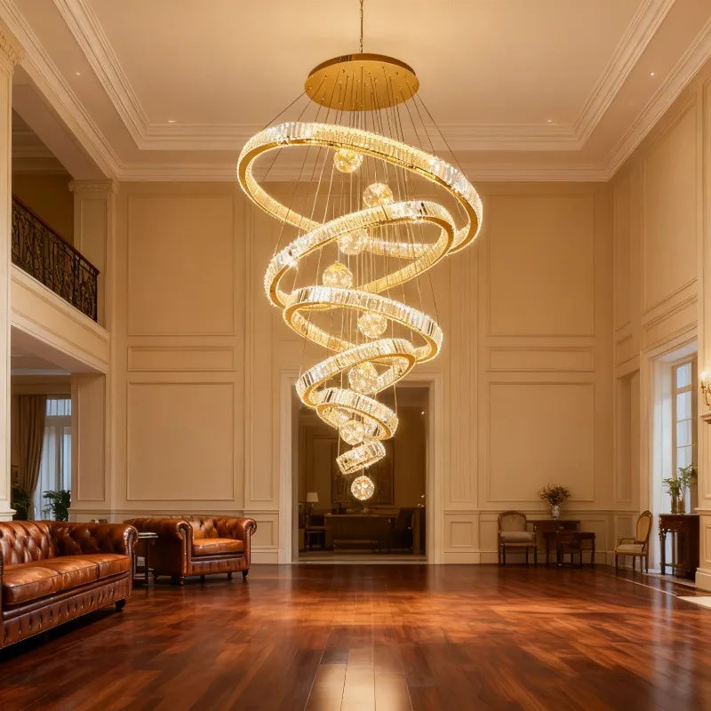 

Light luxury villa crystal living room chandelier, minimalist hotel duplex, loft apartment staircase pendant light