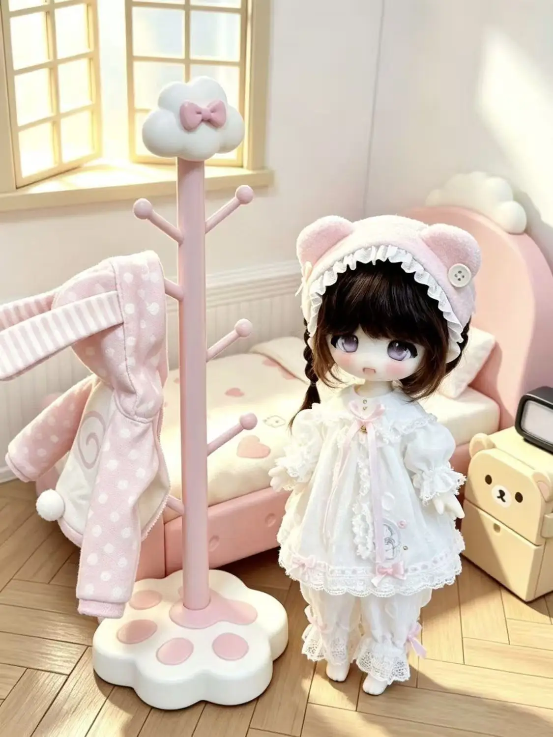 Kawaii InsCat Paw Base Floor-Standing Korean-Style Clothes Rack Doll Mini Wardrobe Baby Clothes Storage Display Rack Cute Gift - view 5
