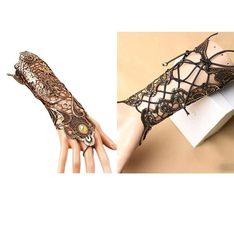 Mittelalterliche goldene Spitzenhandschuhe, Steampunk-Spitze, fingerlose Handschuhe, schöner Fingerring, Cosplay-Zubehör für den Valentinstag