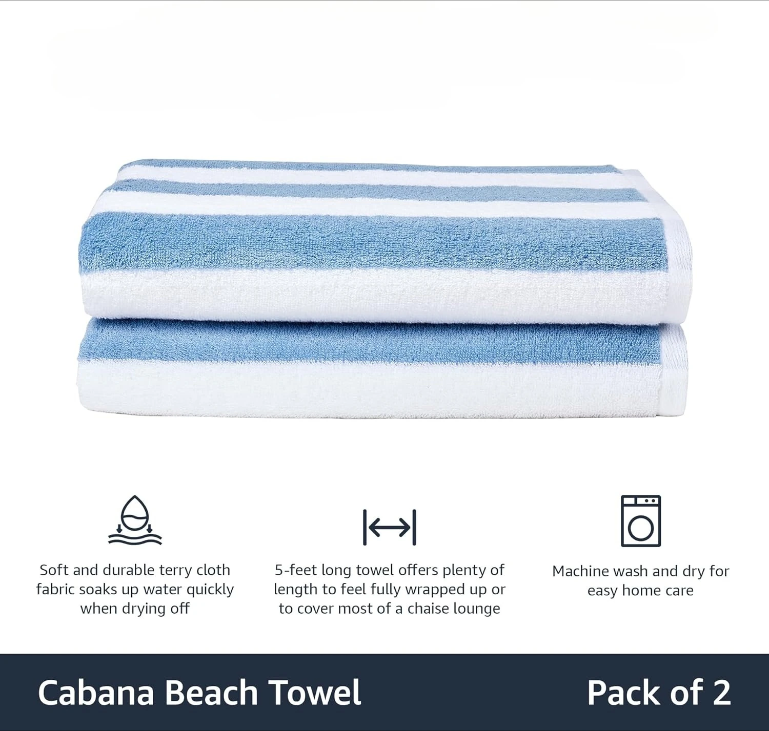 Basics Soft & Absorbent Beach Towels, 100% Cotton, Cabana Stripe, Machine Washable, Quick Dry, Large 30
