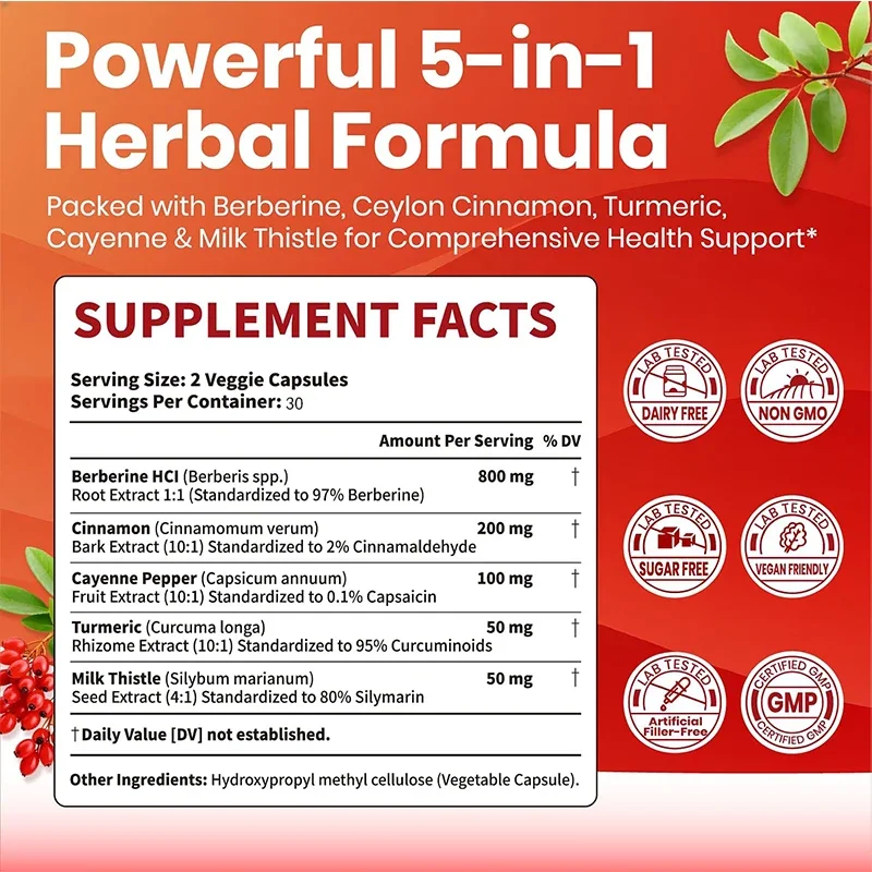 Small Liansu Supplement, Containing Ceylon Cinnamon, Chili Powder, Turmeric, and Milk Thistle, 60 Capsules