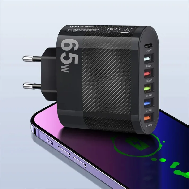 65W 5Ports USB Charger PD Charging Adapter For Xiaomi iPhone 13 Samsung Huawei Mobile Phone Plug Charging QC 3.0 Wall Charger