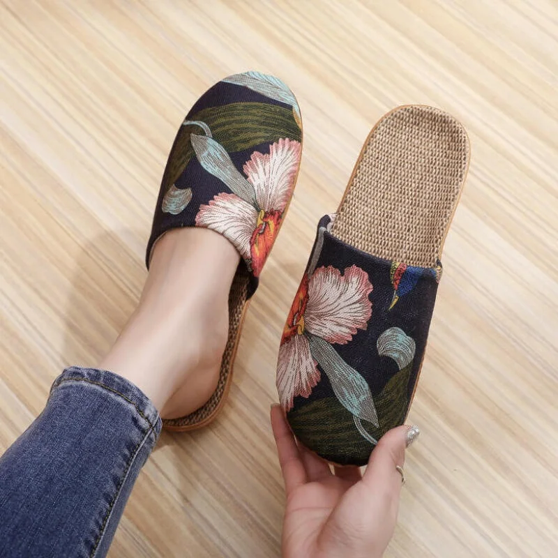 المرأة الصيف وصول جديد الكتان النعال داخلي المنزل المضادة للانزلاق تنفس العرقية نمط الأزهار الكتان مريح الشرائح #5