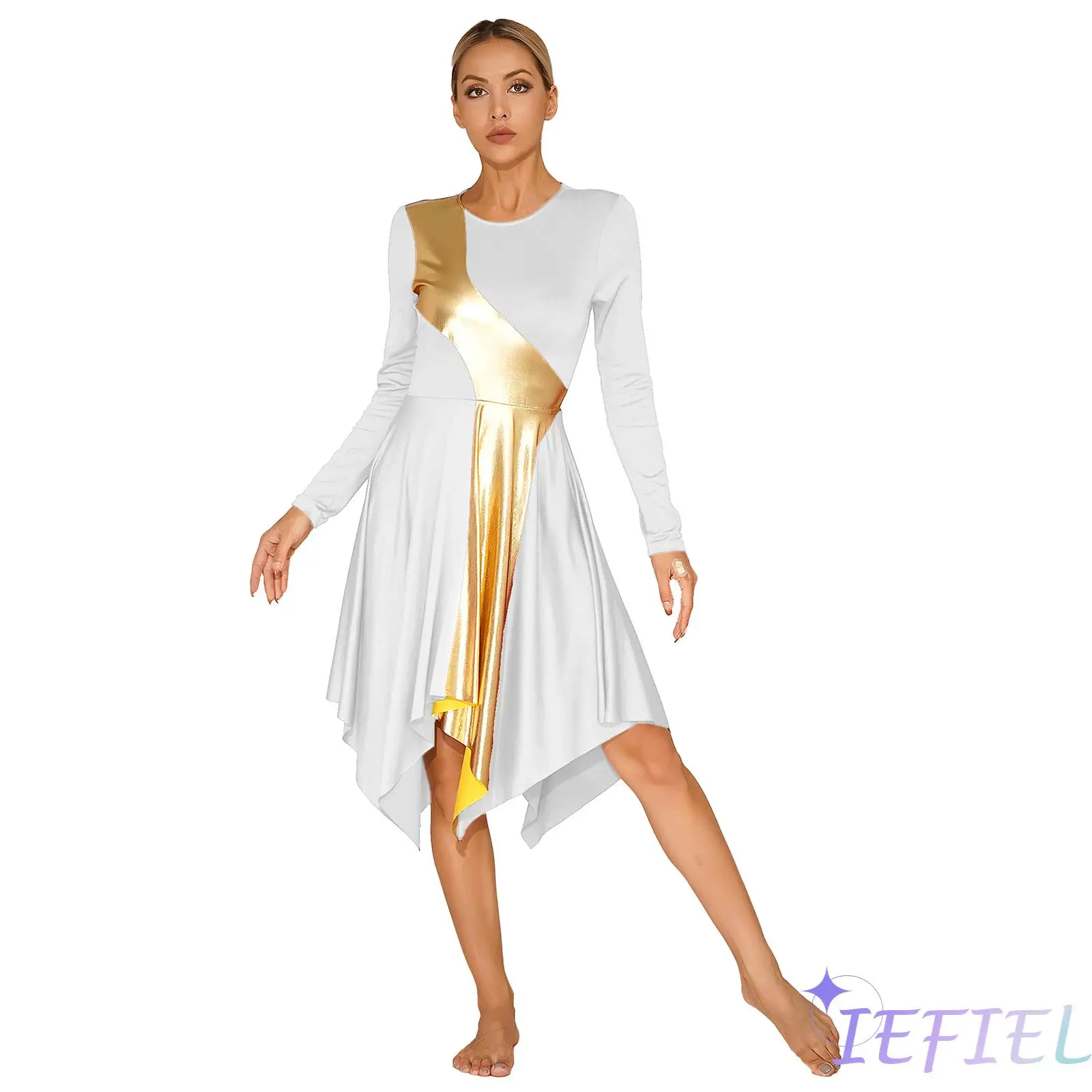 

Womens Lyrical Dance Dress Metallic Gold Color Block Church Worship Performance Costume Long Sleeve Praise Liturgical Dancewear