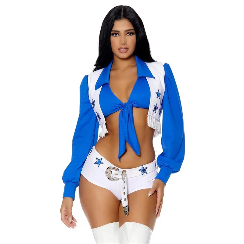 Women's Cheerleader Costume High School Girl Cheerleading Uniform Halloween Costume Blue Sexy Star Team Cheer Two Piece Set