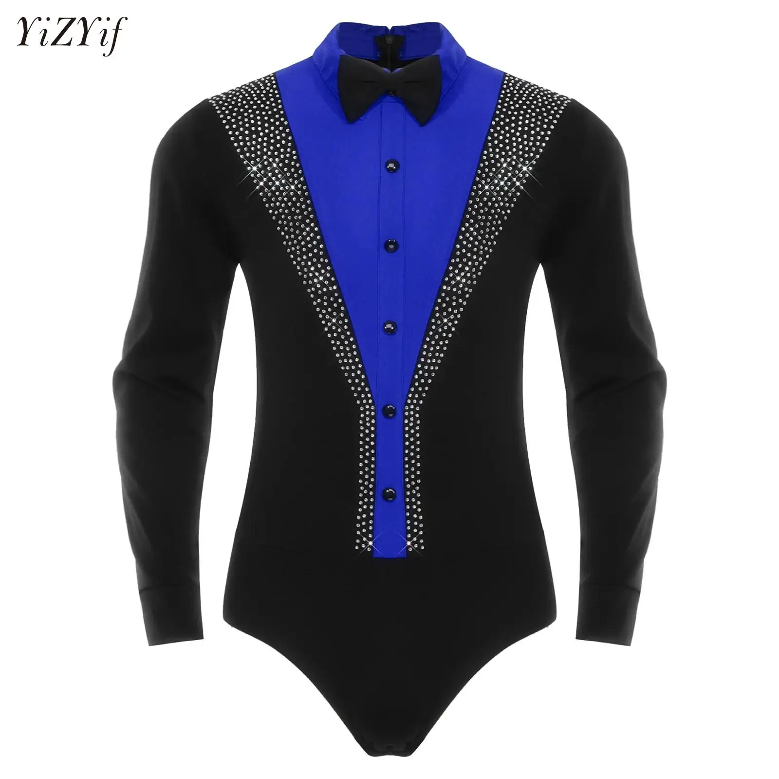 

Men Latin Dance Leotard Figure Skating Ballet Jersey Ballroom Dance Tango Performance Costume Shiny Rhinestones Bodysuit+Bowtie