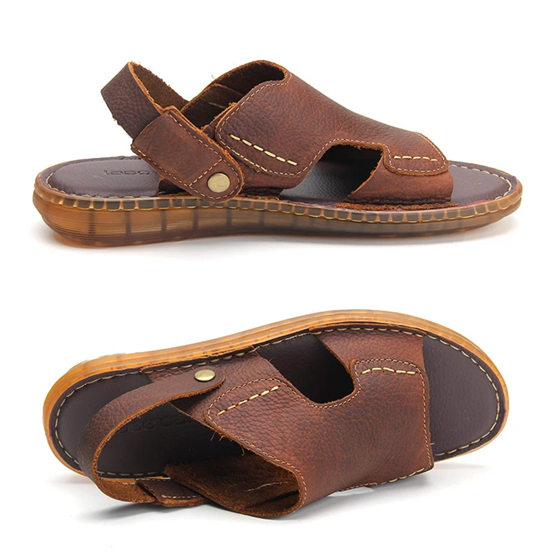 LIHUAMAO Grade A quality Cow leather Men sandals retro Casual outdoor gladiator beach sandals footwear sport style flip flops