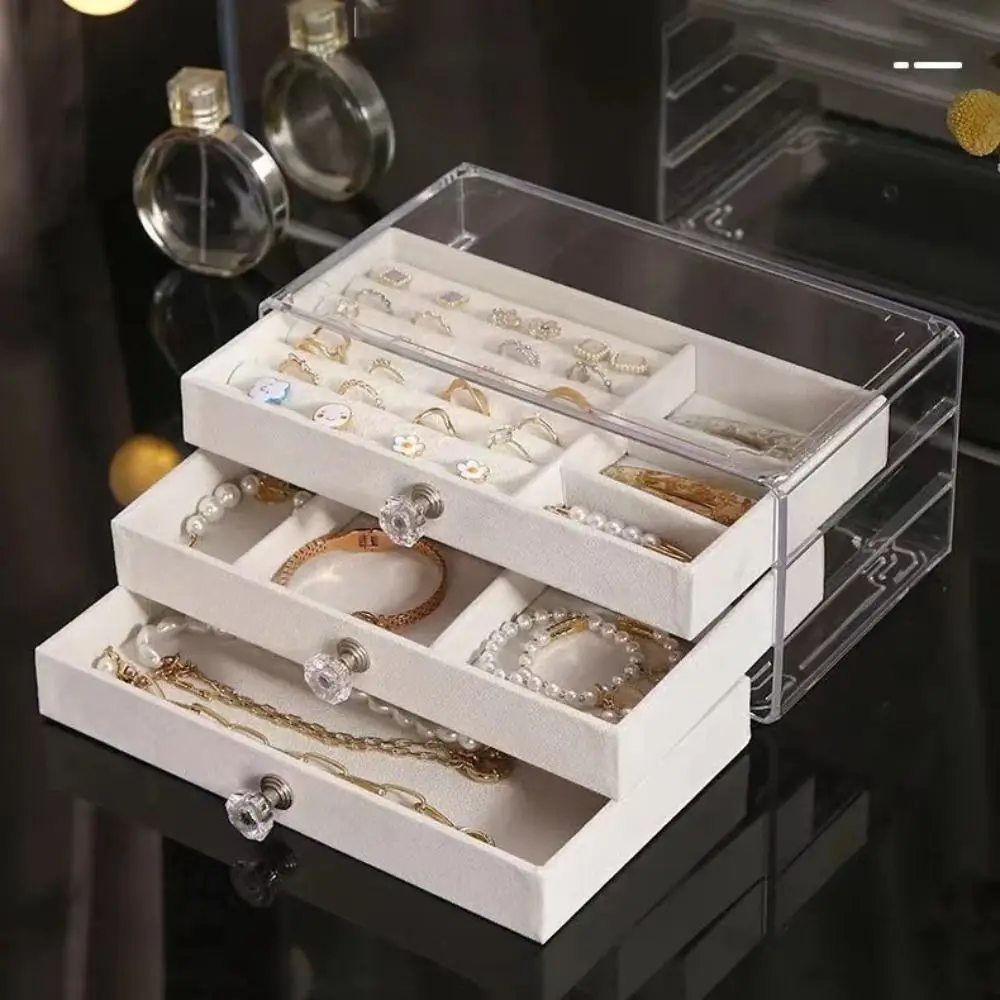 

3-Tier Jewelry Storage Box Dust-proof Square Three Drawer Jewelry Box Transparent Plastic Flannel Jewelry Box Storage
