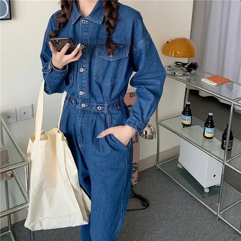 Streetwear Style Women Denim Overalls Pants Spring Autumn Long Sleeve Bodycon Jeans Romper Wide Leg Jumpsuits High Waist