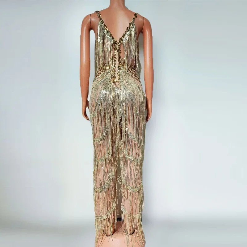 Drag Queen Outfit Gold Strass Vollfransen Overall Frauen Sexy Gogo Tänzerin Kostüme Bühne Dj Ds Pole Dance Clubwear