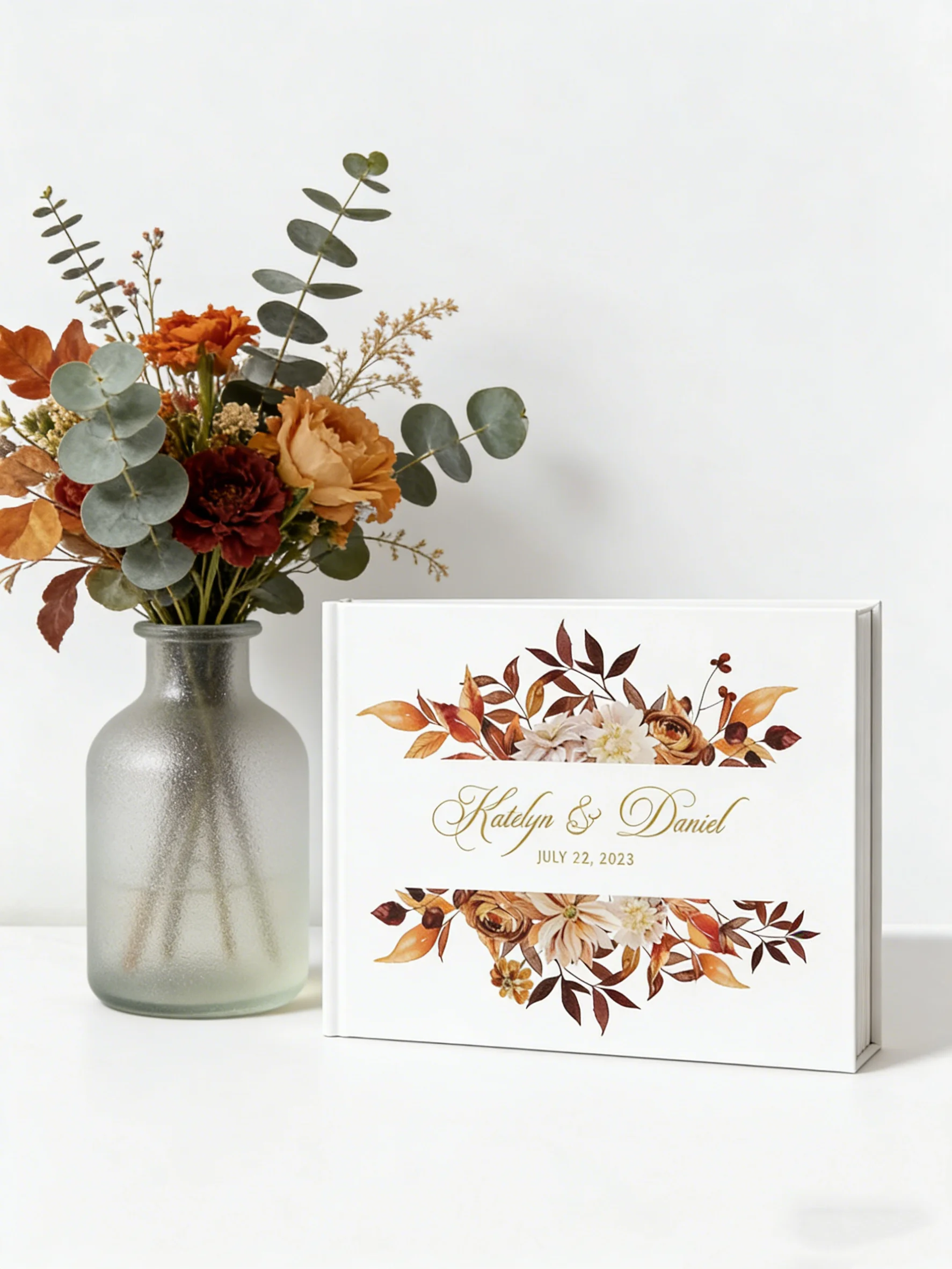 

Книга для гостей на осеннюю свадьбу в терракотовых тонах и золоте, персонализированный фотоальбом на тему осени, элегантный сувенир для свадьбы