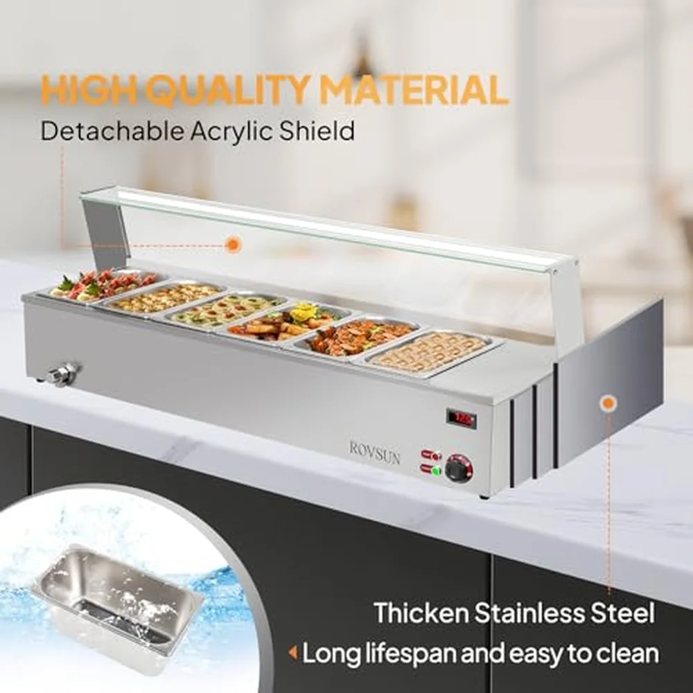 48QT Steam Table 6 Pan Electric Commercial Food Warmer Stainless Steel Bain Marie Countertop w/Glass Shield Temperature